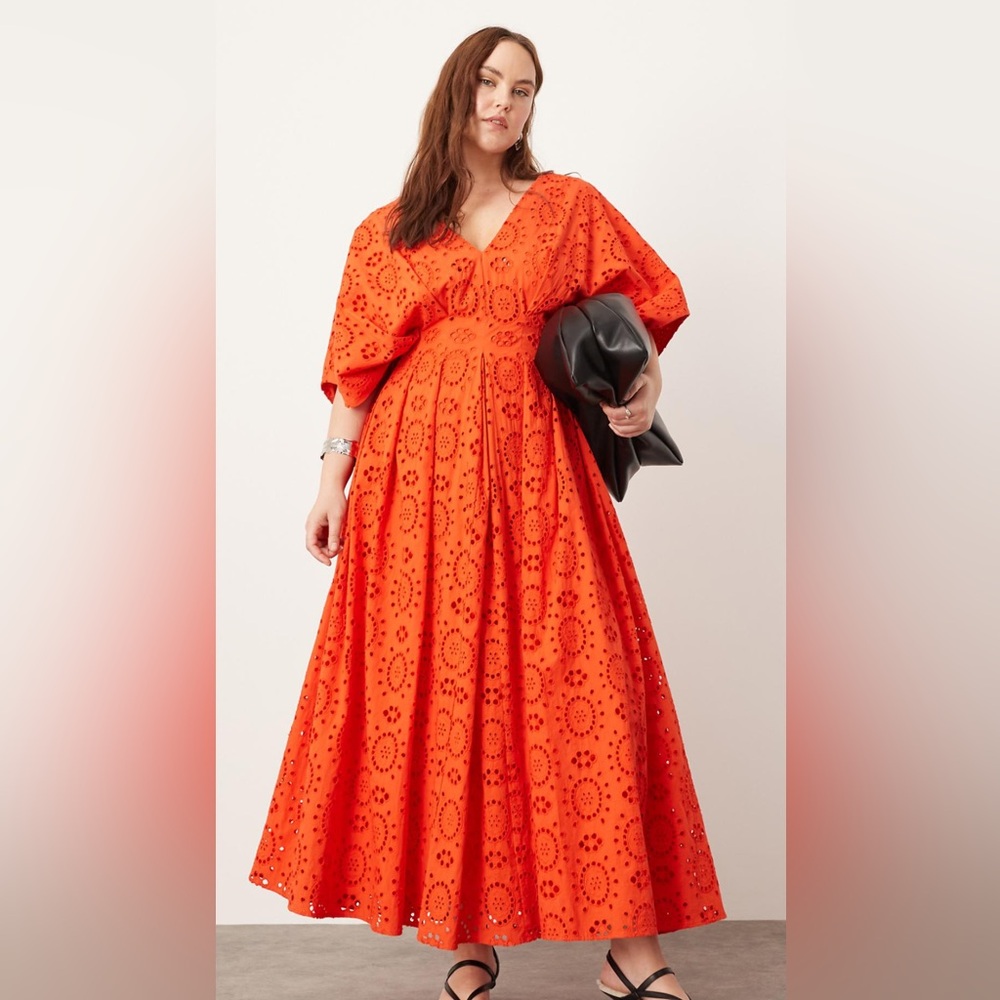 EUC ASOS EDITION Curve eyelet wide sleeve plunge midi dress US 20